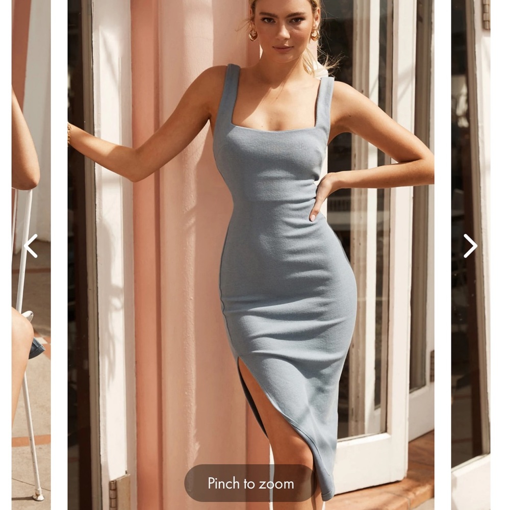 Selfie Leslie Sheena Square Neckline Side Split Midi Dress Ocean Blue L